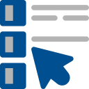 Icon representing selection in a list with three options and a blue cursor, ideal for menus or user interface navigation.