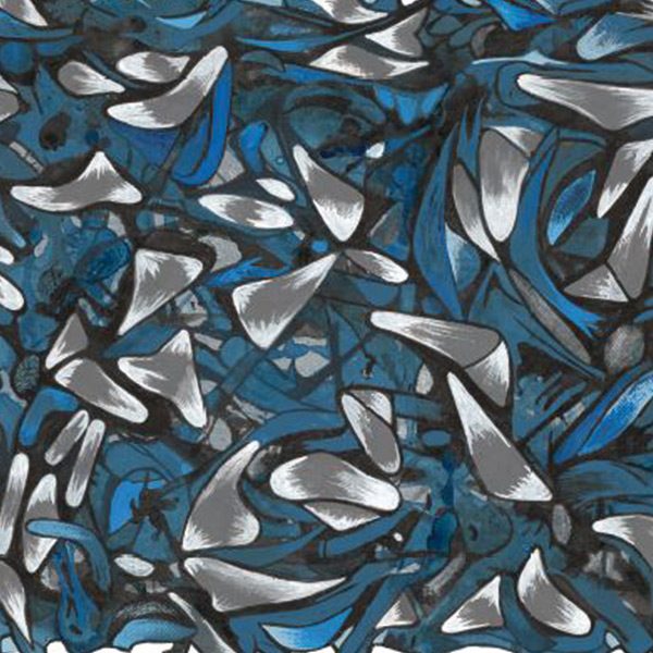 Art print by Monika Johannisson from the HOBART edition titled Night Owls. Abstract composition featuring numerous wedge-shaped structures in motion, rendered in harmonious shades of gray and vibrant blues. The dynamic forms create a captivating interplay of calm and movement, symbolizing diversity and unity.