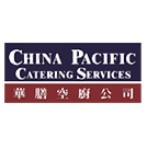 The China Pacific Catering Services logo featuring the company name in white uppercase lettering on a dark blue background, with a red bar below containing Chinese characters in white.