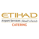 The Etihad Airport Services Catering logo showing the word ETIHAD in gold uppercase lettering with Arabic script above it, followed by the text Airport Services in black with Arabic below, and the word Catering in bold red underneath, all on a white background.