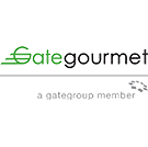 The Gate Gourmet logo featuring the word Gate in green with a stylized horizontal line forming part of the letter G, combined with the word gourmet in black lowercase letters, placed above the gray text a gategroup member on a white background.