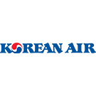 The Korean Air logo showing the words Korean Air in bold blue serif lettering, with the first letter containing a red and blue Taegeuk swirl symbol, all displayed on a white background.