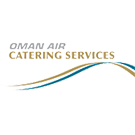 The Oman Air Catering Services logo featuring the words OMAN AIR in light gray uppercase and CATERING SERVICES in gold lettering, placed above flowing gold and teal curved lines on a white background.