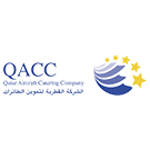 The QACC logo showing the abbreviation QACC in dark blue uppercase letters with the text Qatar Aircraft Catering Company below in English and Arabic, accompanied on the right by a circular blue emblem made of layered curved shapes and three yellow stars.