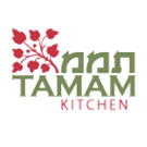 The TAMAM Kitchen logo showing stylized olive‑green lettering with a Hebrew‑style script above the word TAMAM, accompanied on the left by a red decorative branch with multiple leaves, and the word KITCHEN below in light red on a white background.