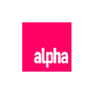 The alpha logo consisting of the word alpha in bold white lowercase letters centered inside a bright pink square on a white background.