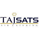 The TAJ SATS Air Catering logo displaying the word TAJ in navy serif lettering with a gold emblem above the letter A, followed by the word SATS in bold navy letters, and the words AIR CATERING spaced below on a white background.